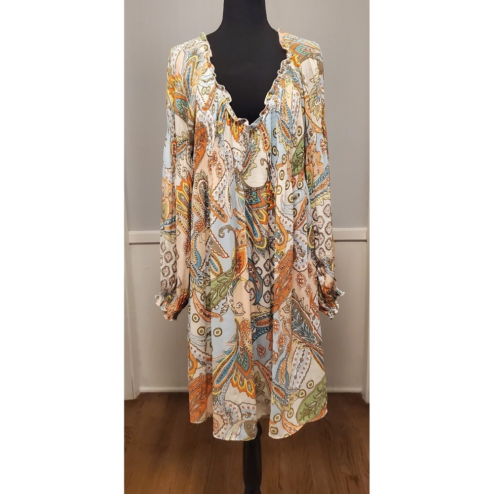 Sunny Leigh Smocked Dress Size XL  Paisley Long Balloon Sleeves Lettuce Hems